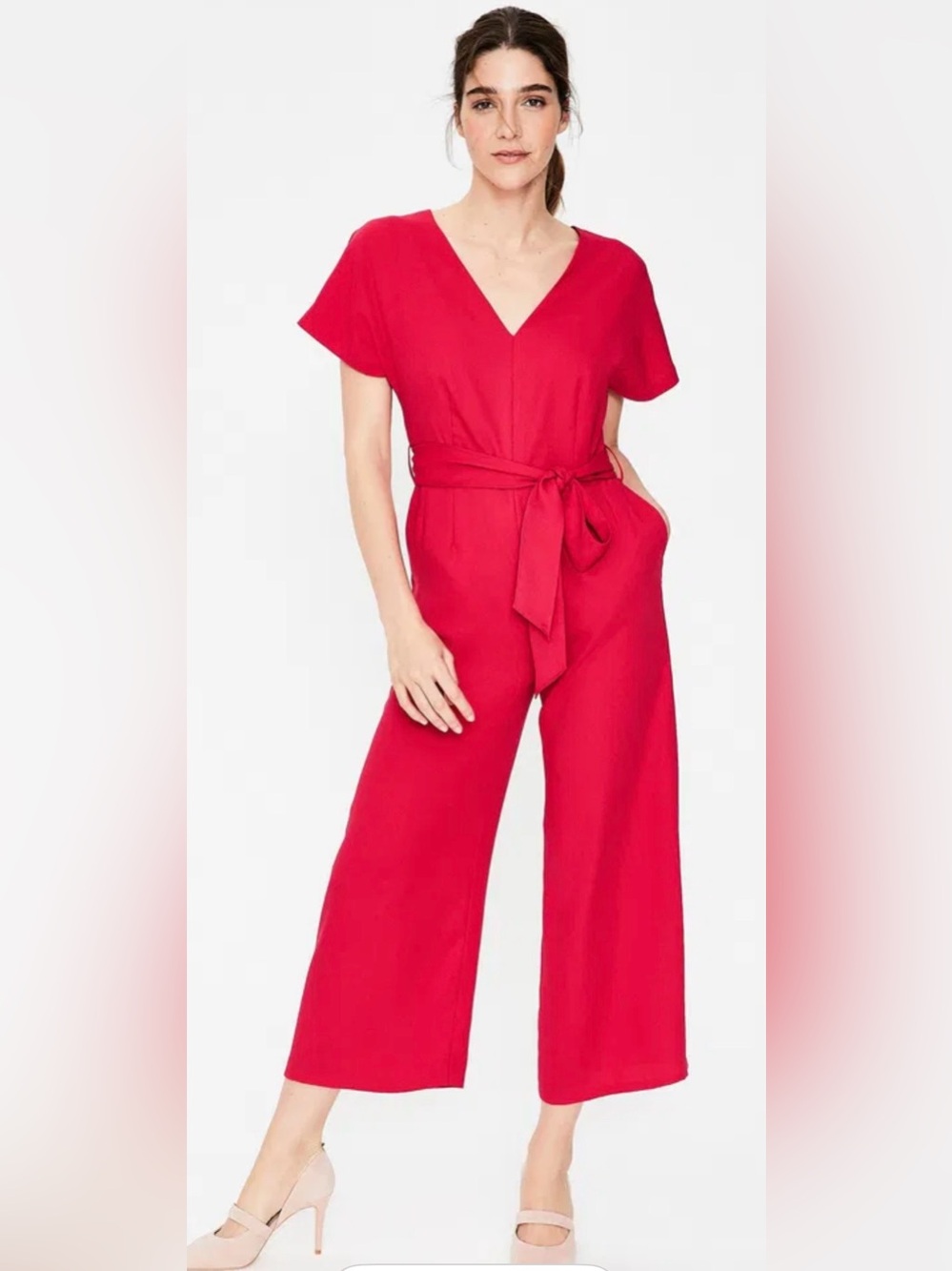 Boden Red Wide Leg Culotte Jumpsuit Tie Waist V-Neck Size US 4R Wedding Guest